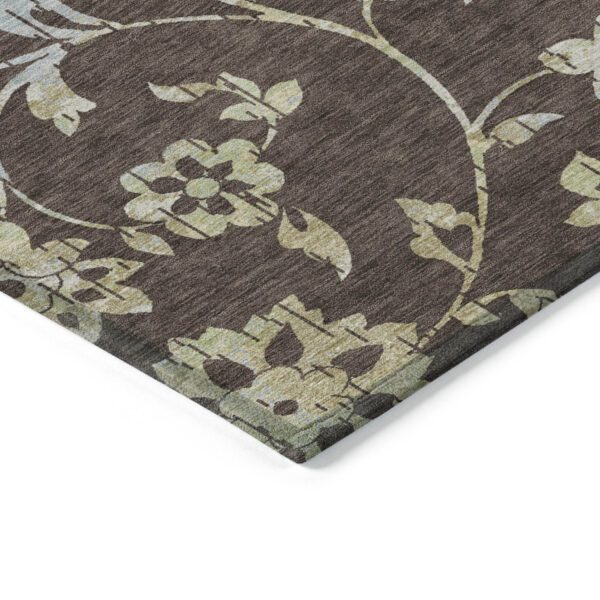 10' X 14' Chocolate Sky Blue And Artichoke Green Floral Washable Indoor Outdoor Area Rug