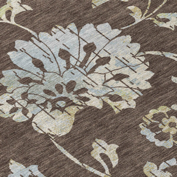 10' X 14' Chocolate Sky Blue And Artichoke Green Floral Washable Indoor Outdoor Area Rug