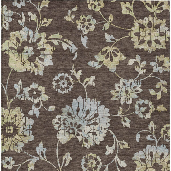 10' X 14' Chocolate Sky Blue And Artichoke Green Floral Washable Indoor Outdoor Area Rug