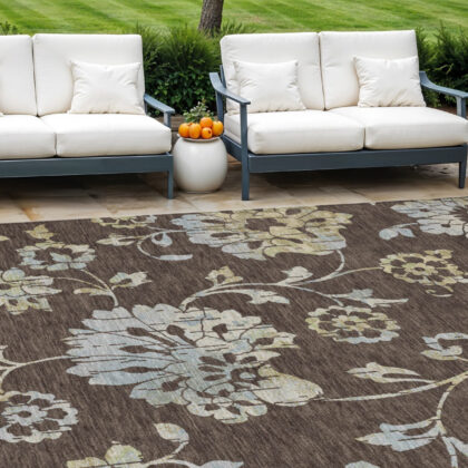 10' X 14' Chocolate Sky Blue And Artichoke Green Floral Washable Indoor Outdoor Area Rug