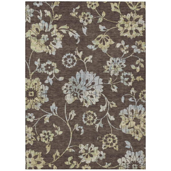 10' X 14' Chocolate Sky Blue And Artichoke Green Floral Washable Indoor Outdoor Area Rug