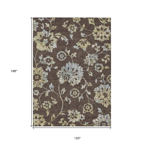 10' X 14' Chocolate Sky Blue And Artichoke Green Floral Washable Indoor Outdoor Area Rug