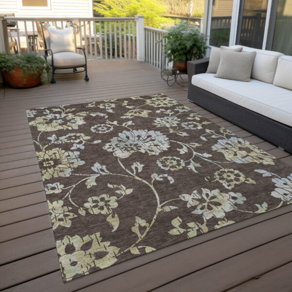 10' X 14' Chocolate Sky Blue And Artichoke Green Floral Washable Indoor Outdoor Area Rug