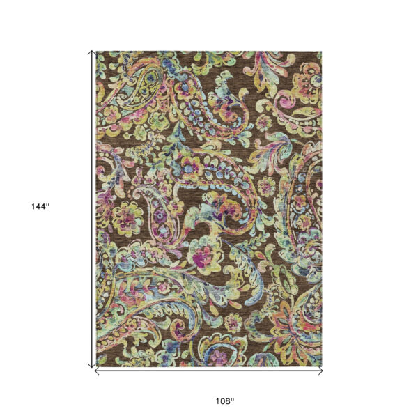 9' X 12' Chocolate And Artichoke Green Paisley Washable Indoor Outdoor Area Rug