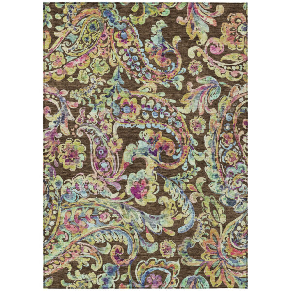9' X 12' Chocolate And Artichoke Green Paisley Washable Indoor Outdoor Area Rug