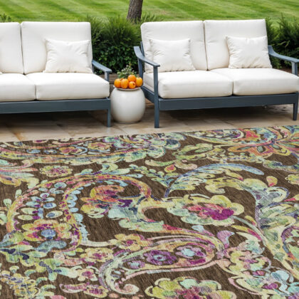 9' X 12' Chocolate And Artichoke Green Paisley Washable Indoor Outdoor Area Rug