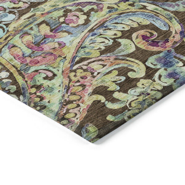 9' X 12' Chocolate And Artichoke Green Paisley Washable Indoor Outdoor Area Rug