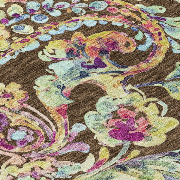9' X 12' Chocolate And Artichoke Green Paisley Washable Indoor Outdoor Area Rug