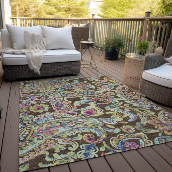 9' X 12' Chocolate And Artichoke Green Paisley Washable Indoor Outdoor Area Rug