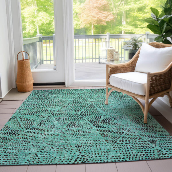 10' X 14' Teal Blue And Charcoal Geometric Washable Indoor Outdoor Area Rug
