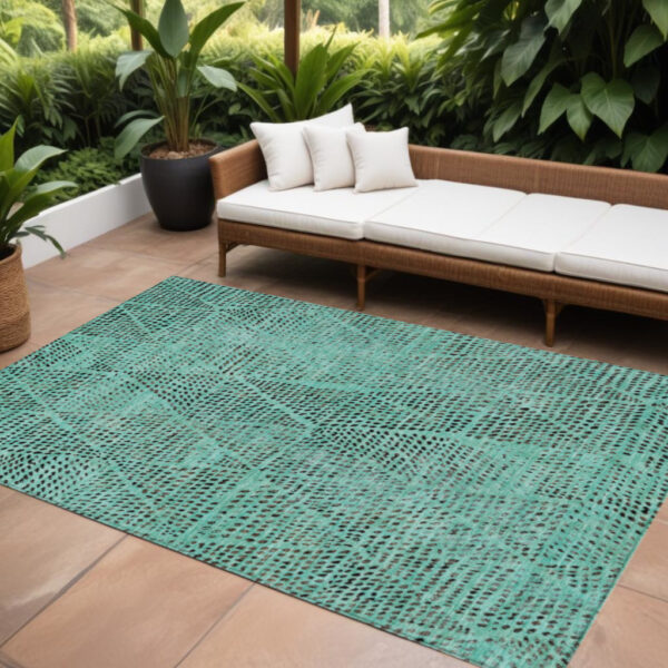 10' X 14' Teal Blue And Charcoal Geometric Washable Indoor Outdoor Area Rug