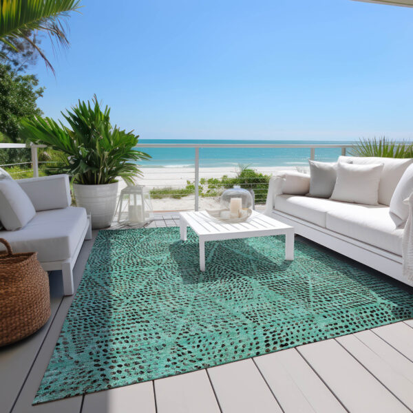 10' X 14' Teal Blue And Charcoal Geometric Washable Indoor Outdoor Area Rug