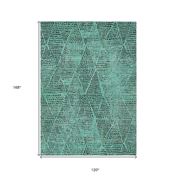10' X 14' Teal Blue And Charcoal Geometric Washable Indoor Outdoor Area Rug