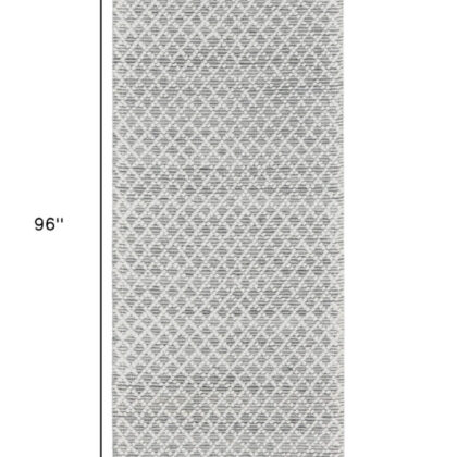 8' Gray and Ivory Geometric Hand Woven Runner Rug With Fringe