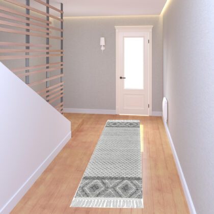 8' Gray and Ivory Geometric Hand Woven Runner Rug With Fringe
