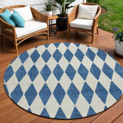 8' Navy Blue And Ivory Round Geometric Washable Indoor Outdoor Area Rug