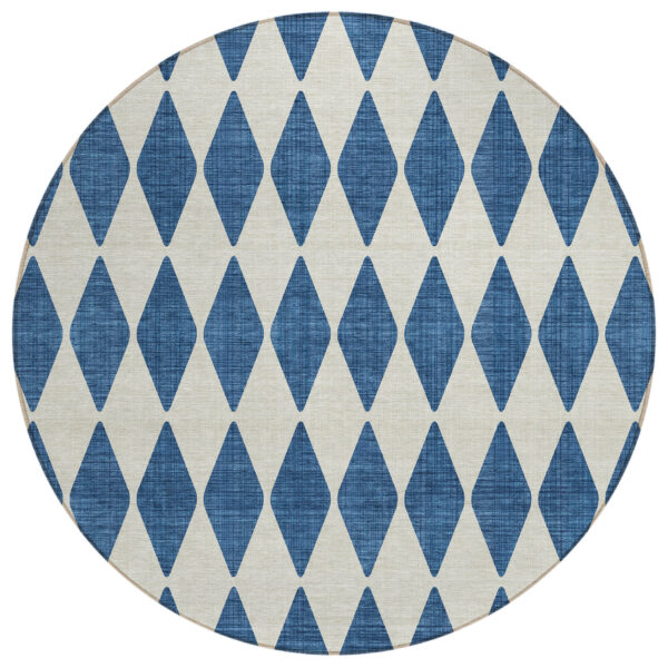 8' Navy Blue And Ivory Round Geometric Washable Indoor Outdoor Area Rug