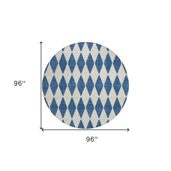 8' Navy Blue And Ivory Round Geometric Washable Indoor Outdoor Area Rug