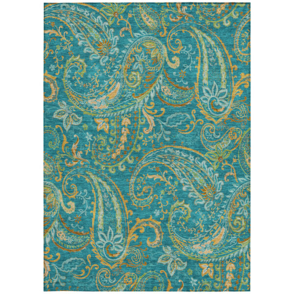 9' X 12' Teal Paisley Washable Non Skid Indoor Outdoor Area Rug