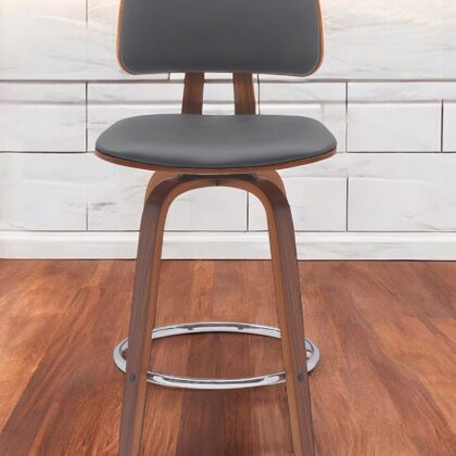 30" Gray And Wood Brown Faux Leather Swivel Low Back Bar Height Bar Chair