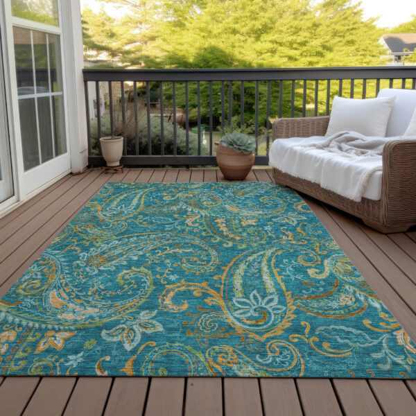 9' X 12' Teal Paisley Washable Non Skid Indoor Outdoor Area Rug