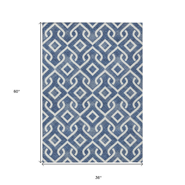 3' X 5' Navy Blue And Ivory Geometric Washable Indoor Outdoor Area Rug