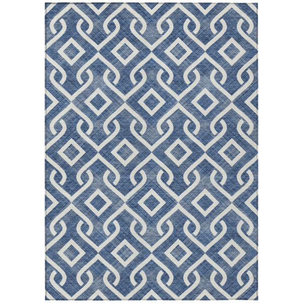 3' X 5' Navy Blue And Ivory Geometric Washable Indoor Outdoor Area Rug