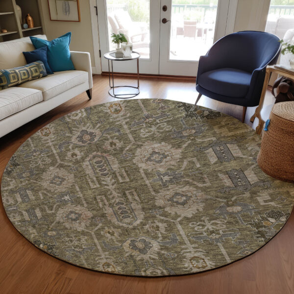 8' Brown Gray And Charcoal Round Oriental Washable Indoor Outdoor Area Rug