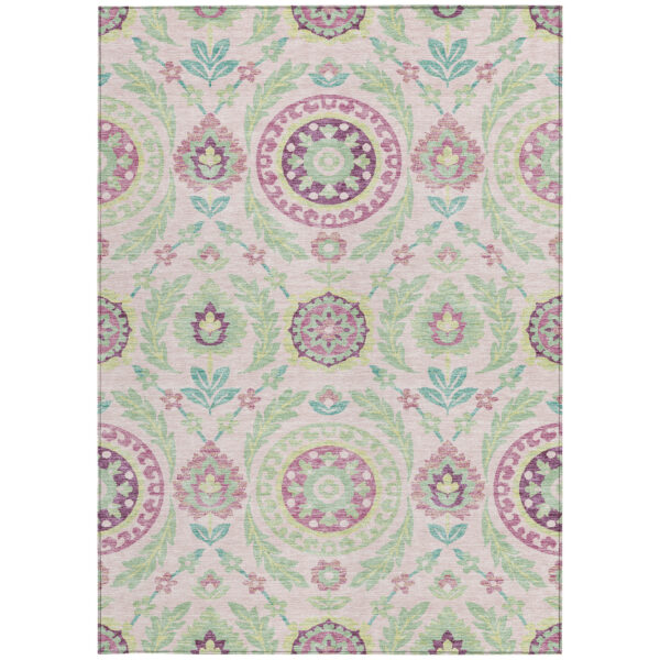 5' X 8' Pink Mauve And Mint Green Floral Washable Indoor Outdoor Area Rug