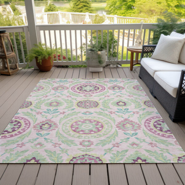 5' X 8' Pink Mauve And Mint Green Floral Washable Indoor Outdoor Area Rug