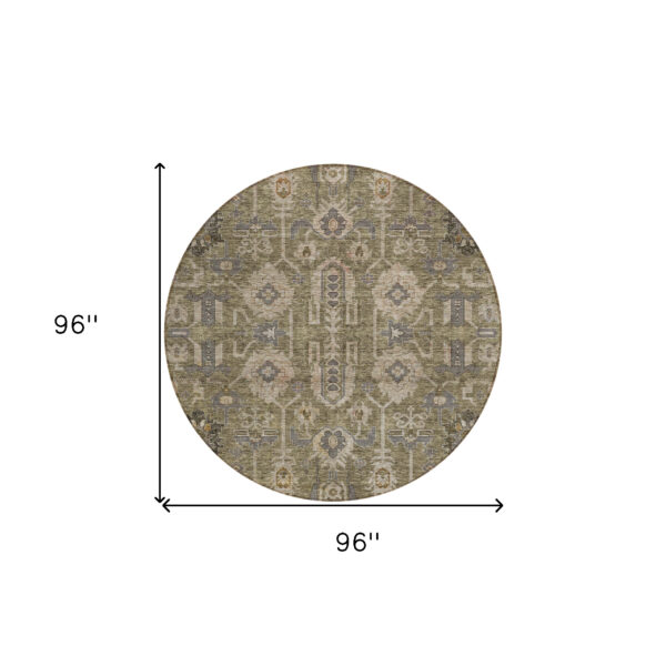 8' Brown Gray And Charcoal Round Oriental Washable Indoor Outdoor Area Rug