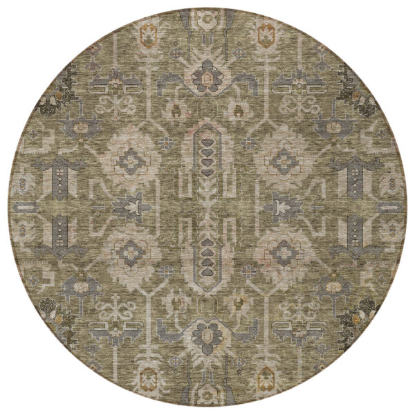 8' Brown Gray And Charcoal Round Oriental Washable Indoor Outdoor Area Rug