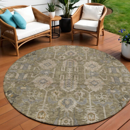 8' Brown Gray And Charcoal Round Oriental Washable Indoor Outdoor Area Rug