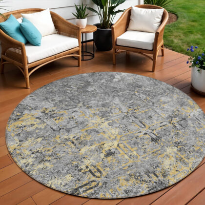 8' Gray Silver And Charcoal Round Geometric Washable Indoor Outdoor Area Rug