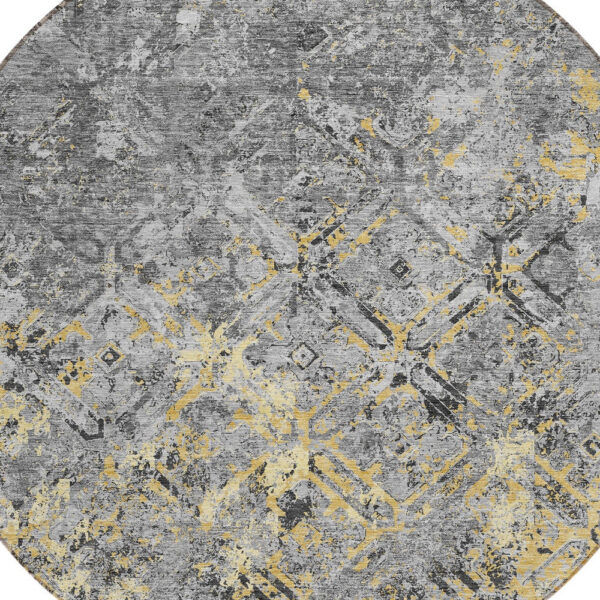 8' Gray Silver And Charcoal Round Geometric Washable Indoor Outdoor Area Rug