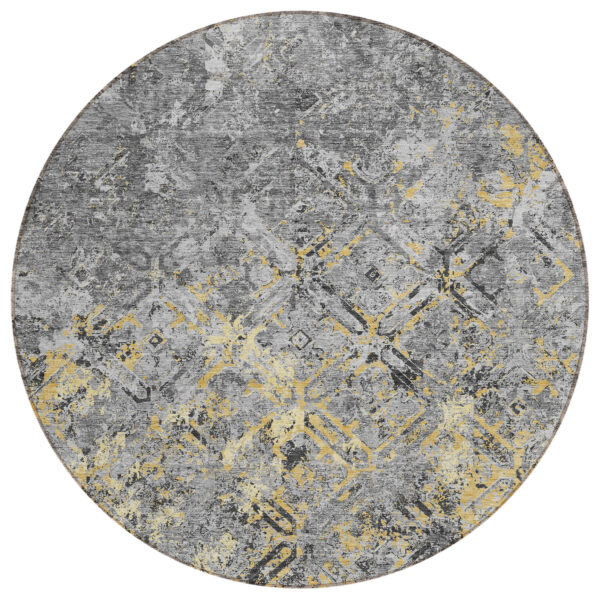 8' Gray Silver And Charcoal Round Geometric Washable Indoor Outdoor Area Rug