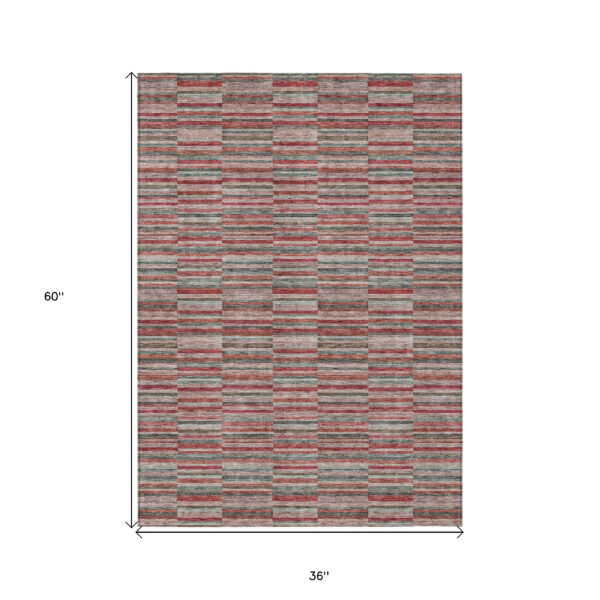 3' X 5' Red Beige And Copper Striped Washable Indoor Outdoor Area Rug