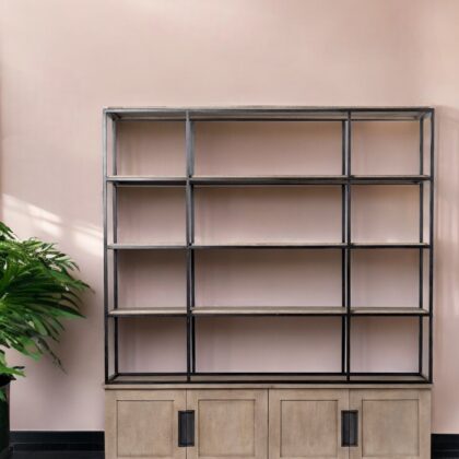 90" Brown Iron and Wood Three Tier Bookcase