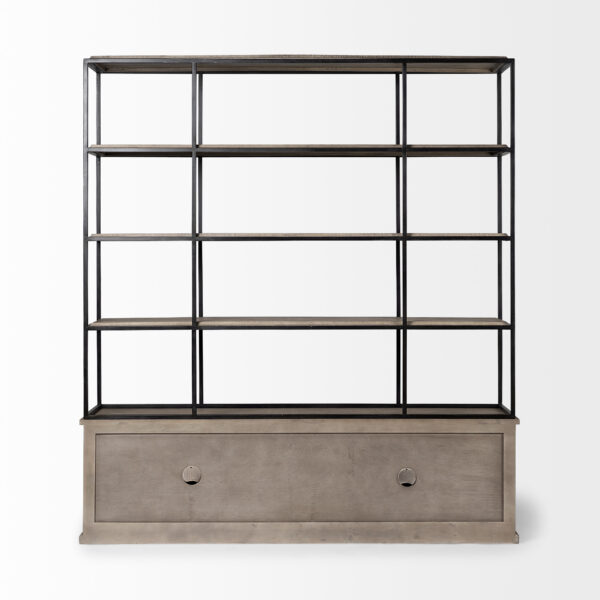90" Brown Iron and Wood Three Tier Bookcase