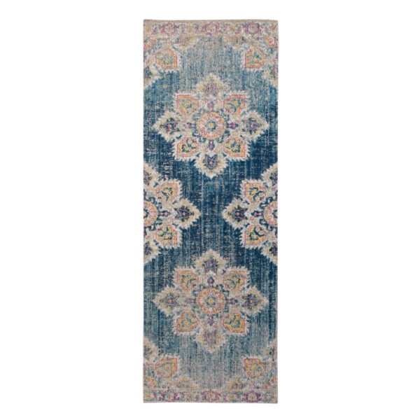 7' Teal Blue Medallion Power Loom Runner Rug With Fringe