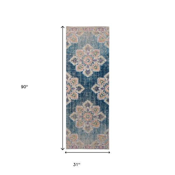 7' Teal Blue Medallion Power Loom Runner Rug With Fringe