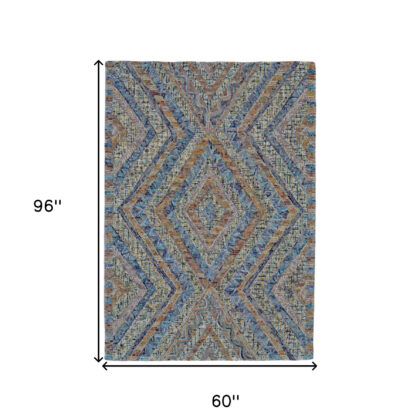 5' X 8' Blue Brown And Orange Wool Geometric Tufted Handmade Stain Resistant Area Rug