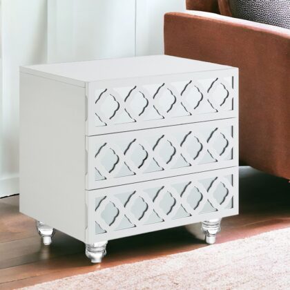 24" Clear and White Mirrored End Table with Three Drawers