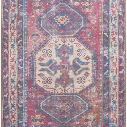 8' x 10' Blue and Red Geometric Power Loom Distressed Washable Area Rug