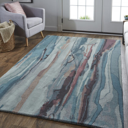 9' X 12' Blue Red And Ivory Wool Abstract Tufted Handmade Stain Resistant Area Rug