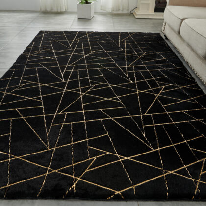 3' X 5' Black and Gold Faux Fur Abstract Shag Non Skid Area Rug