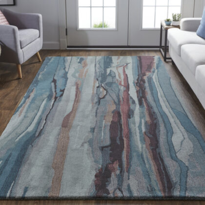 9' X 12' Blue Red And Ivory Wool Abstract Tufted Handmade Stain Resistant Area Rug