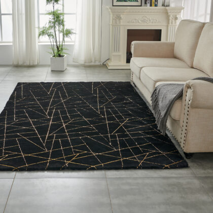 3' X 5' Black and Gold Faux Fur Abstract Shag Non Skid Area Rug