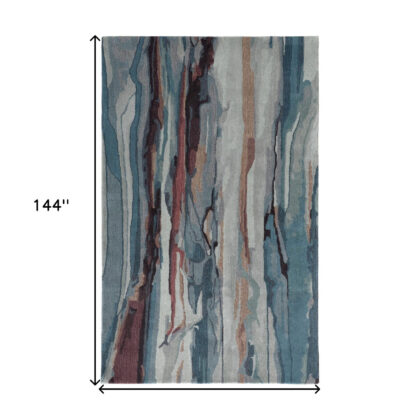 9' X 12' Blue Red And Ivory Wool Abstract Tufted Handmade Stain Resistant Area Rug