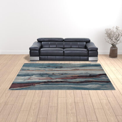 9' X 12' Blue Red And Ivory Wool Abstract Tufted Handmade Stain Resistant Area Rug